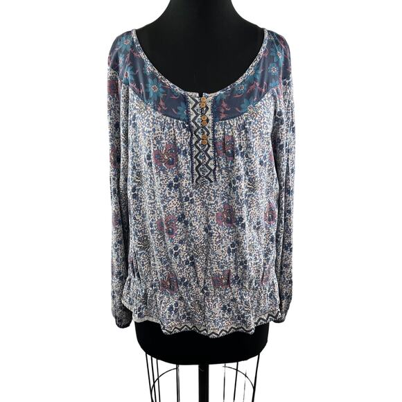Lucky Tops - Vintage LUCKY Brand Blouse Cotton Rose Floral Scoop Neck Ruffle Hem Size XL
